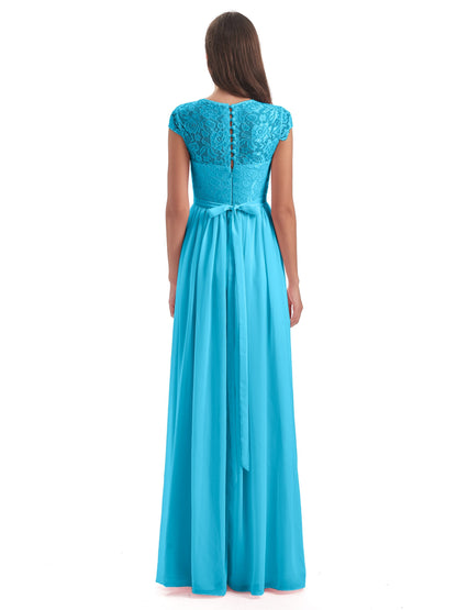 Yamileth A-line Floor Length Cap Sleeves Illusion Neckline Lace/Chiffon Long Bridesmaid Dresses