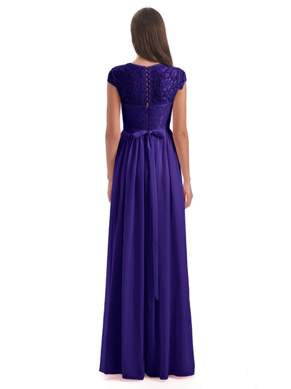 Yamileth A-line Floor Length Cap Sleeves Illusion Neckline Lace/Chiffon Long Bridesmaid Dresses