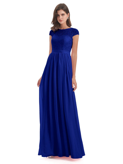 Yamileth A-line Floor Length Cap Sleeves Illusion Neckline Lace/Chiffon Long Bridesmaid Dresses