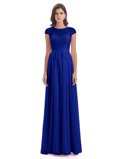 Yamileth A-line Floor Length Cap Sleeves Illusion Neckline Lace/Chiffon Long Bridesmaid Dresses