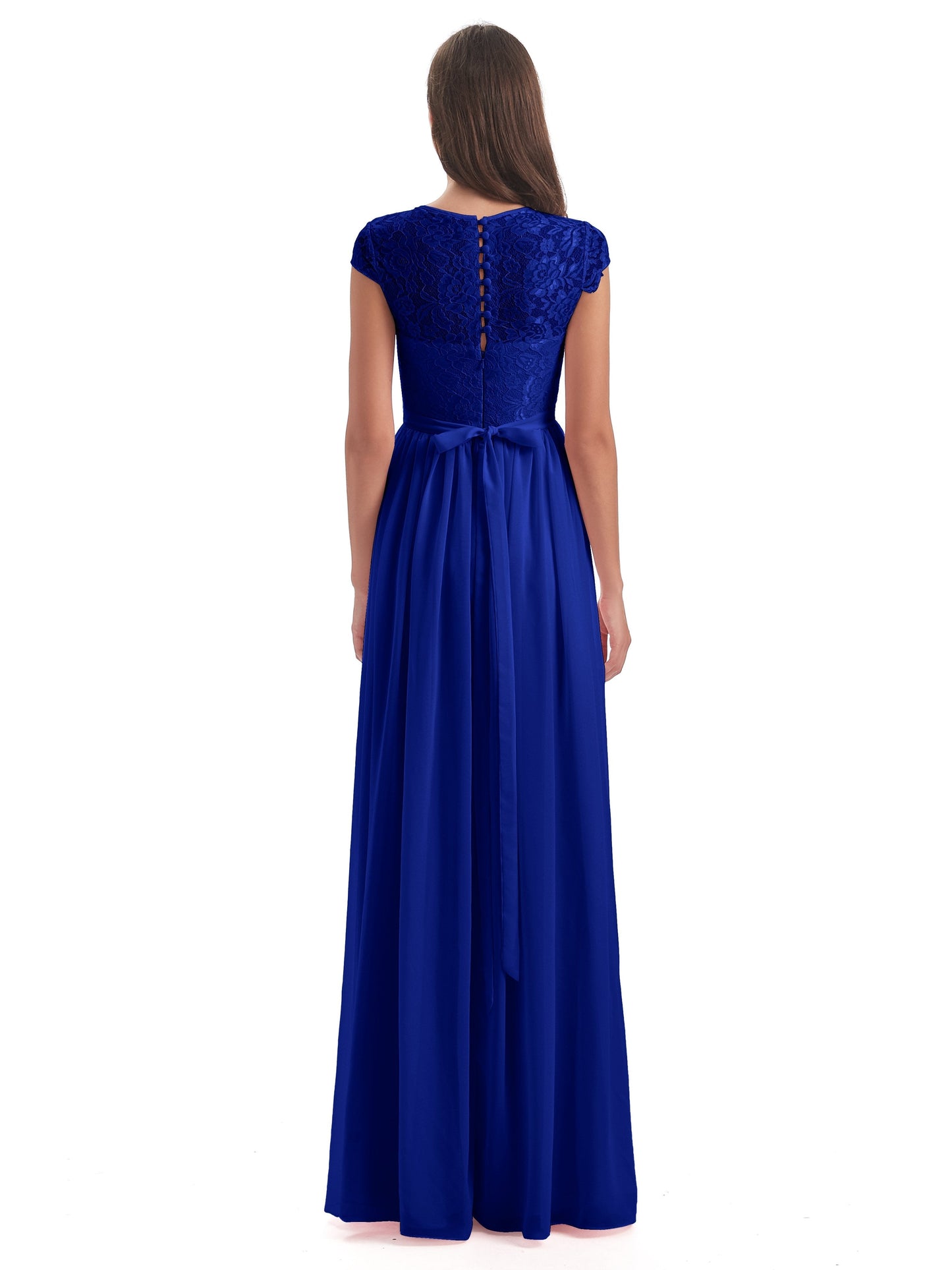 Yamileth A-line Floor Length Cap Sleeves Illusion Neckline Lace/Chiffon Long Bridesmaid Dresses