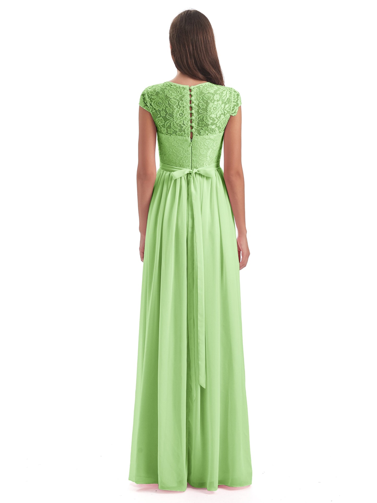 Yamileth A-line Floor Length Cap Sleeves Illusion Neckline Lace/Chiffon Long Bridesmaid Dresses