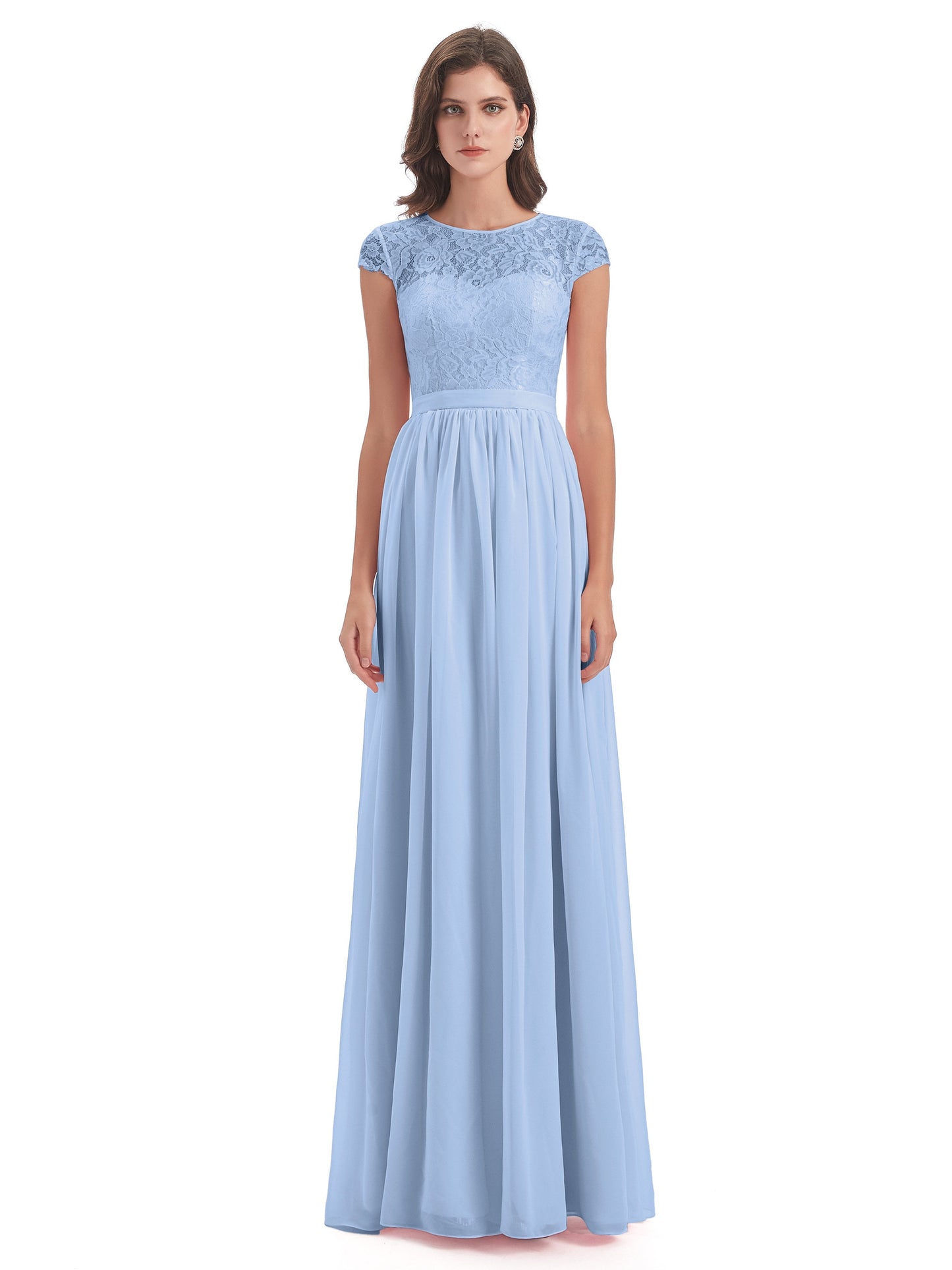 Yamileth A-line Floor Length Cap Sleeves Illusion Neckline Lace/Chiffon Long Bridesmaid Dresses