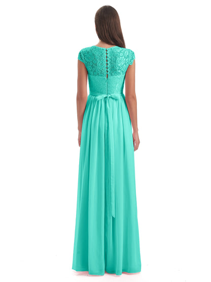 Yamileth A-line Floor Length Cap Sleeves Illusion Neckline Lace/Chiffon Long Bridesmaid Dresses