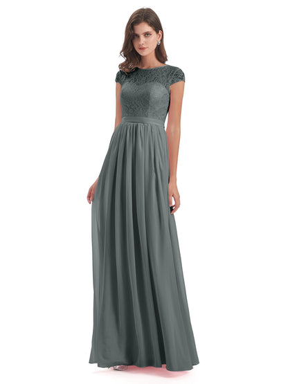 Yamileth A-line Floor Length Cap Sleeves Illusion Neckline Lace/Chiffon Long Bridesmaid Dresses