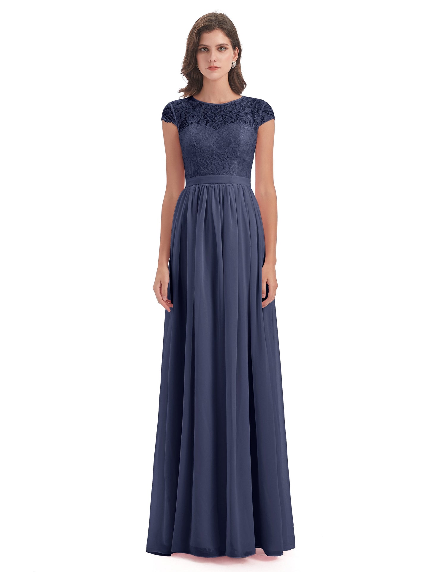 Yamileth A-line Floor Length Cap Sleeves Illusion Neckline Lace/Chiffon Long Bridesmaid Dresses
