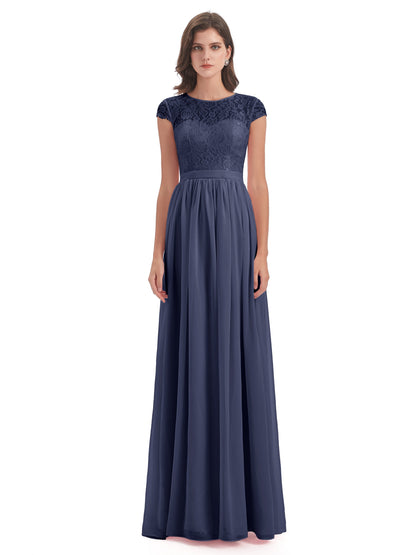Yamileth A-line Floor Length Cap Sleeves Illusion Neckline Lace/Chiffon Long Bridesmaid Dresses