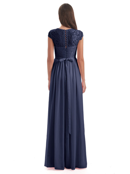 Yamileth A-line Floor Length Cap Sleeves Illusion Neckline Lace/Chiffon Long Bridesmaid Dresses