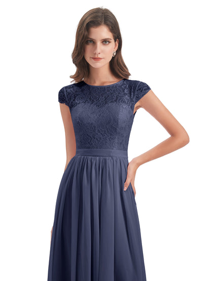 Yamileth A-line Floor Length Cap Sleeves Illusion Neckline Lace/Chiffon Long Bridesmaid Dresses