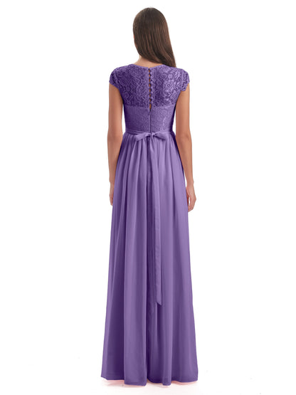 Yamileth A-line Floor Length Cap Sleeves Illusion Neckline Lace/Chiffon Long Bridesmaid Dresses