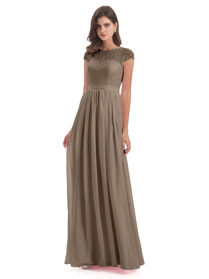 Yamileth A-line Floor Length Cap Sleeves Illusion Neckline Lace/Chiffon Long Bridesmaid Dresses