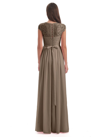 Yamileth A-line Floor Length Cap Sleeves Illusion Neckline Lace/Chiffon Long Bridesmaid Dresses