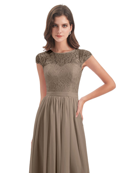 Yamileth A-line Floor Length Cap Sleeves Illusion Neckline Lace/Chiffon Long Bridesmaid Dresses