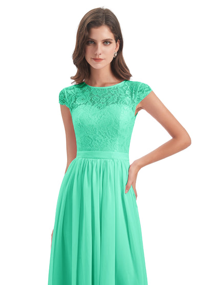 Yamileth A-line Floor Length Cap Sleeves Illusion Neckline Lace/Chiffon Long Bridesmaid Dresses