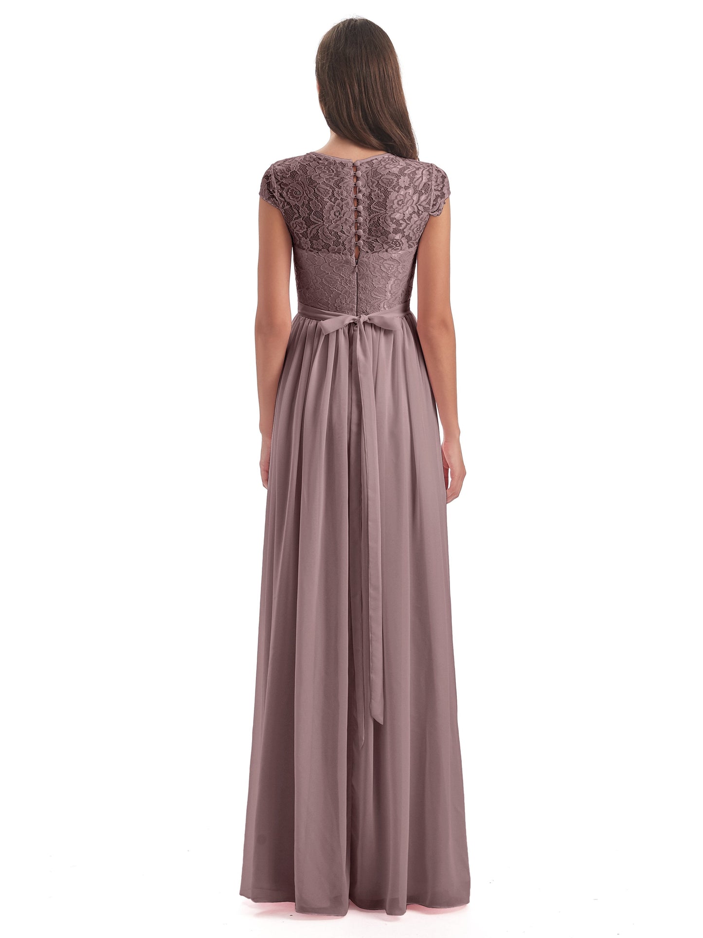 Yamileth A-line Floor Length Cap Sleeves Illusion Neckline Lace/Chiffon Long Bridesmaid Dresses
