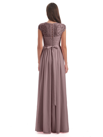 Yamileth A-line Floor Length Cap Sleeves Illusion Neckline Lace/Chiffon Long Bridesmaid Dresses