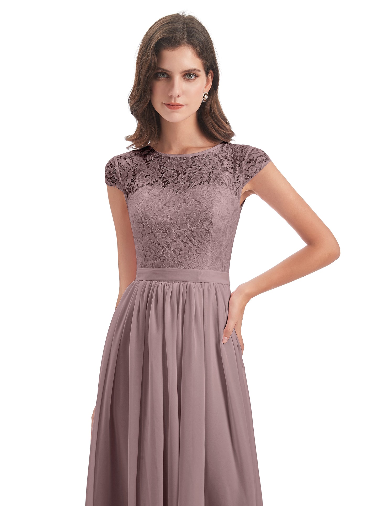 Yamileth A-line Floor Length Cap Sleeves Illusion Neckline Lace/Chiffon Long Bridesmaid Dresses