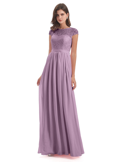 Yamileth A-line Floor Length Cap Sleeves Illusion Neckline Lace/Chiffon Long Bridesmaid Dresses