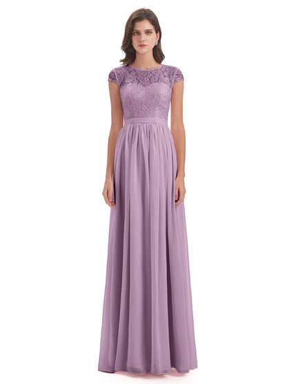 Yamileth A-line Floor Length Cap Sleeves Illusion Neckline Lace/Chiffon Long Bridesmaid Dresses
