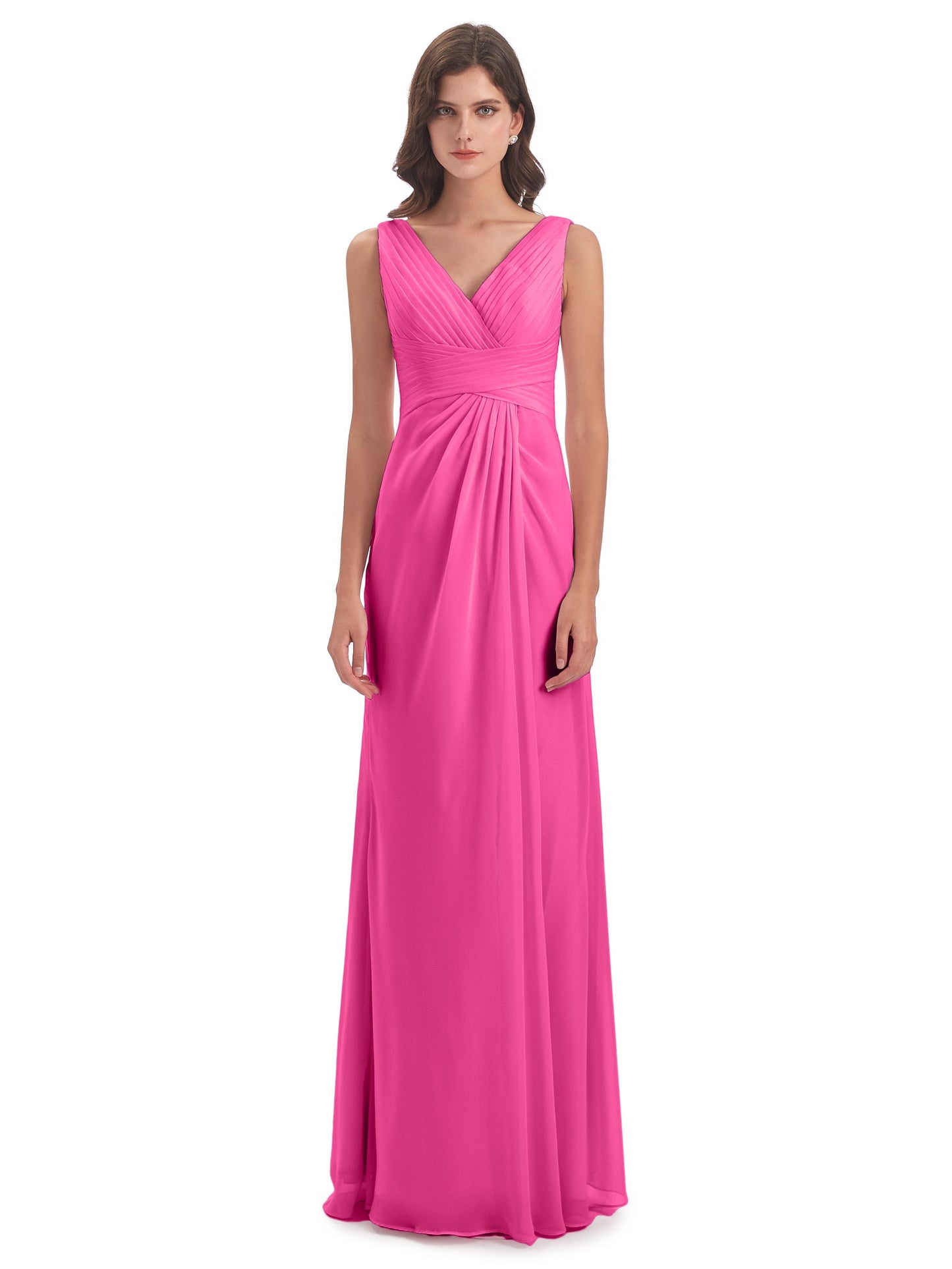 Sheath-Column Floor Length V Neck Chiffon Long Bridesmaid Dresses