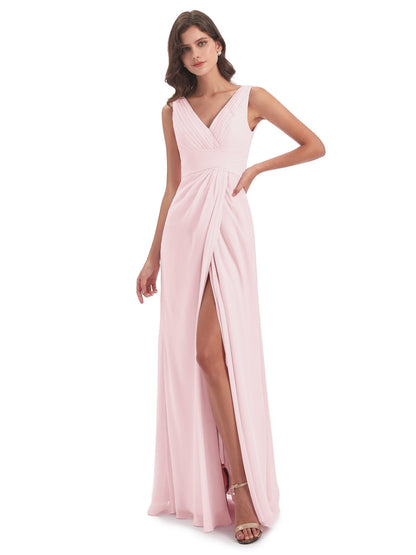 Sheath-Column Floor Length V Neck Chiffon Long Bridesmaid Dresses