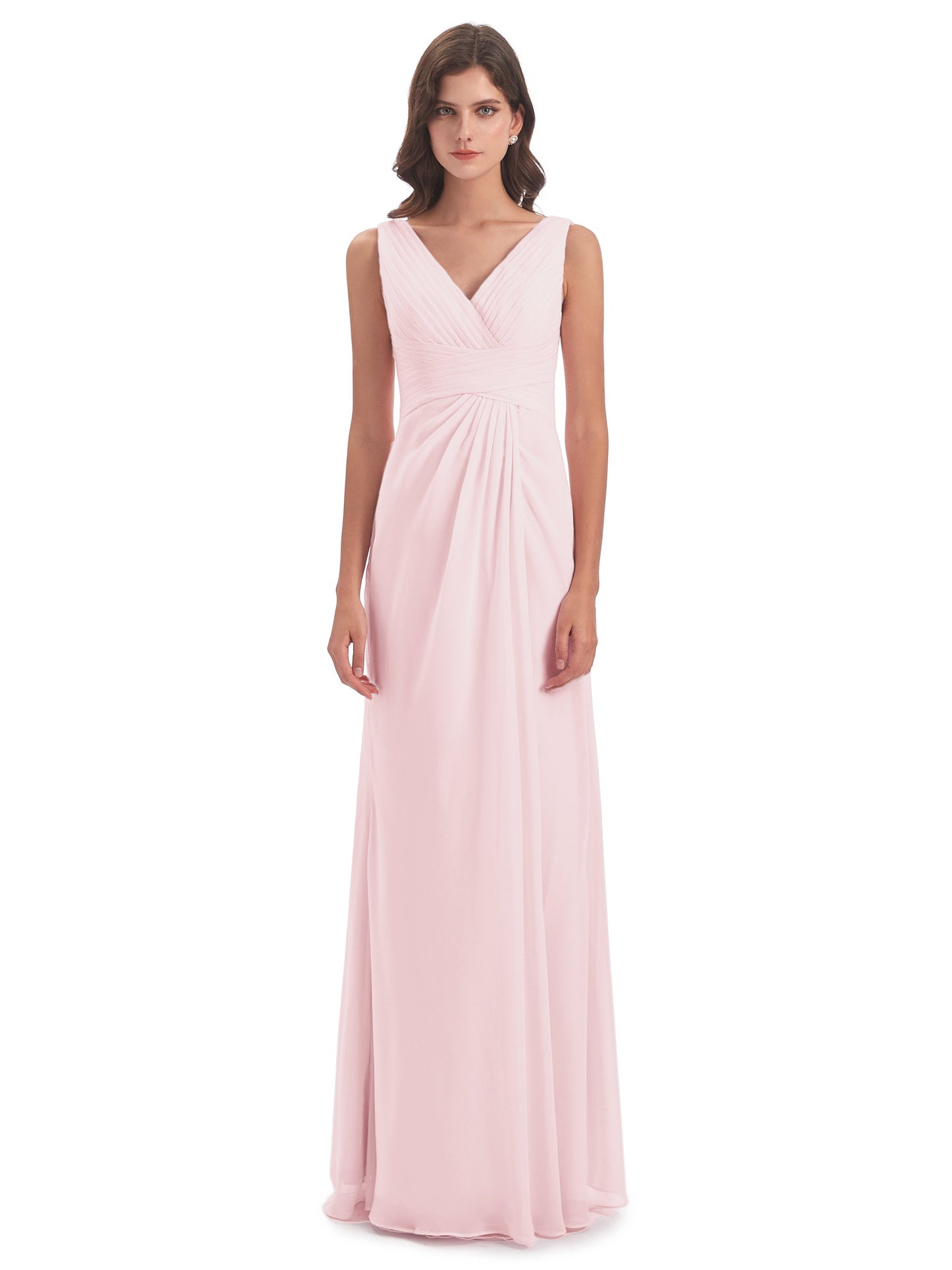 Sheath-Column Floor Length V Neck Chiffon Long Bridesmaid Dresses