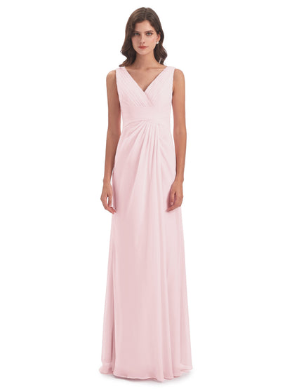 Sheath-Column Floor Length V Neck Chiffon Long Bridesmaid Dresses