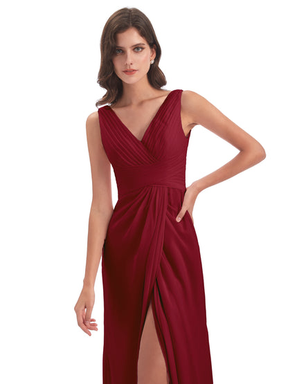 Sheath-Column Floor Length V Neck Chiffon Long Bridesmaid Dresses