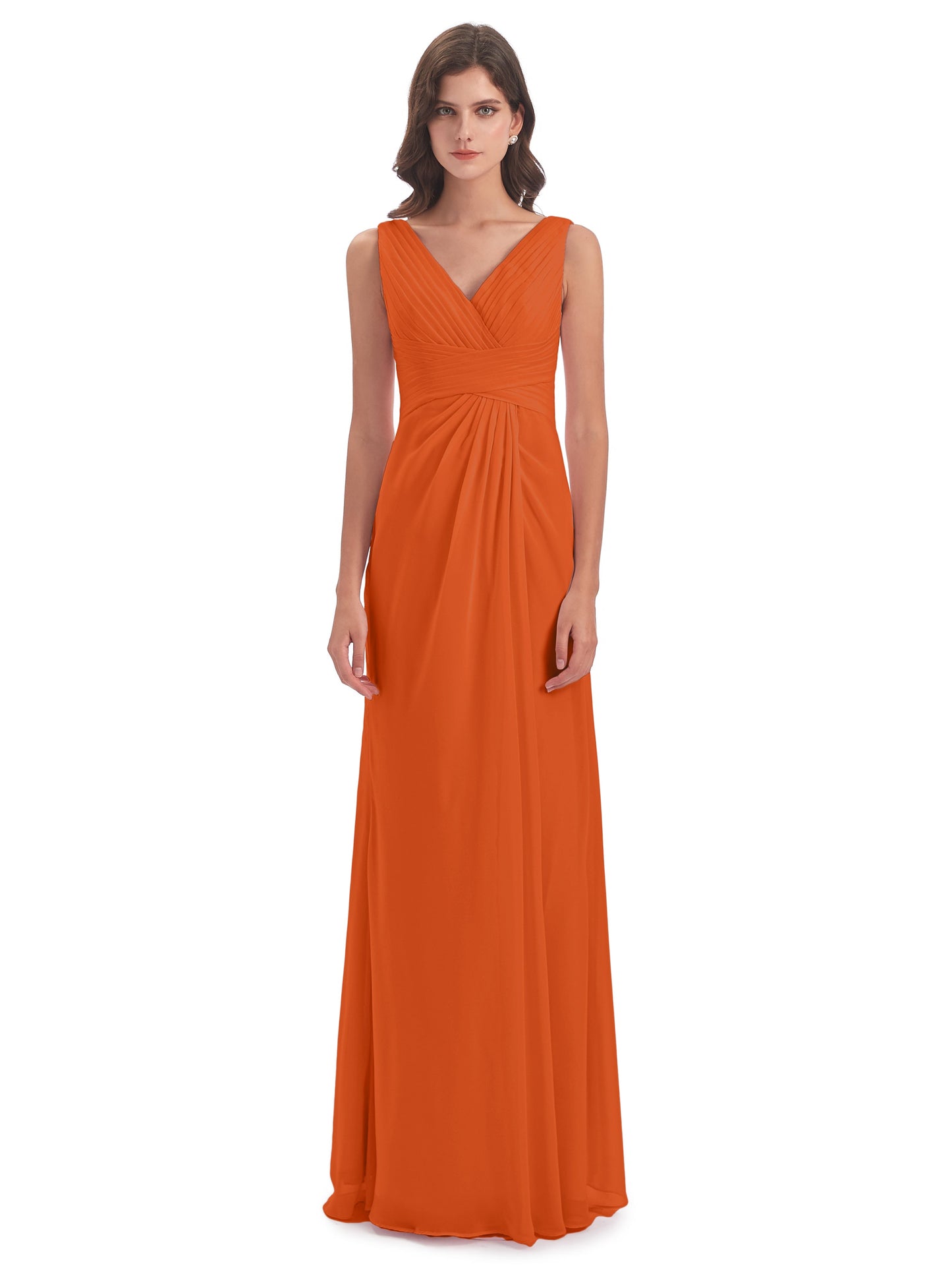 Sheath-Column Floor Length V Neck Chiffon Long Bridesmaid Dresses
