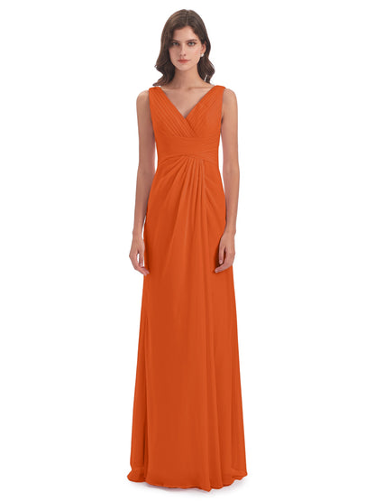 Sheath-Column Floor Length V Neck Chiffon Long Bridesmaid Dresses