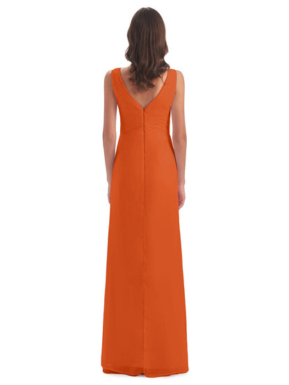 Sheath-Column Floor Length V Neck Chiffon Long Bridesmaid Dresses