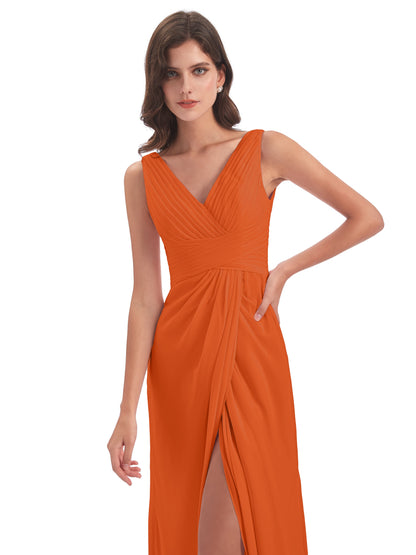 Sheath-Column Floor Length V Neck Chiffon Long Bridesmaid Dresses