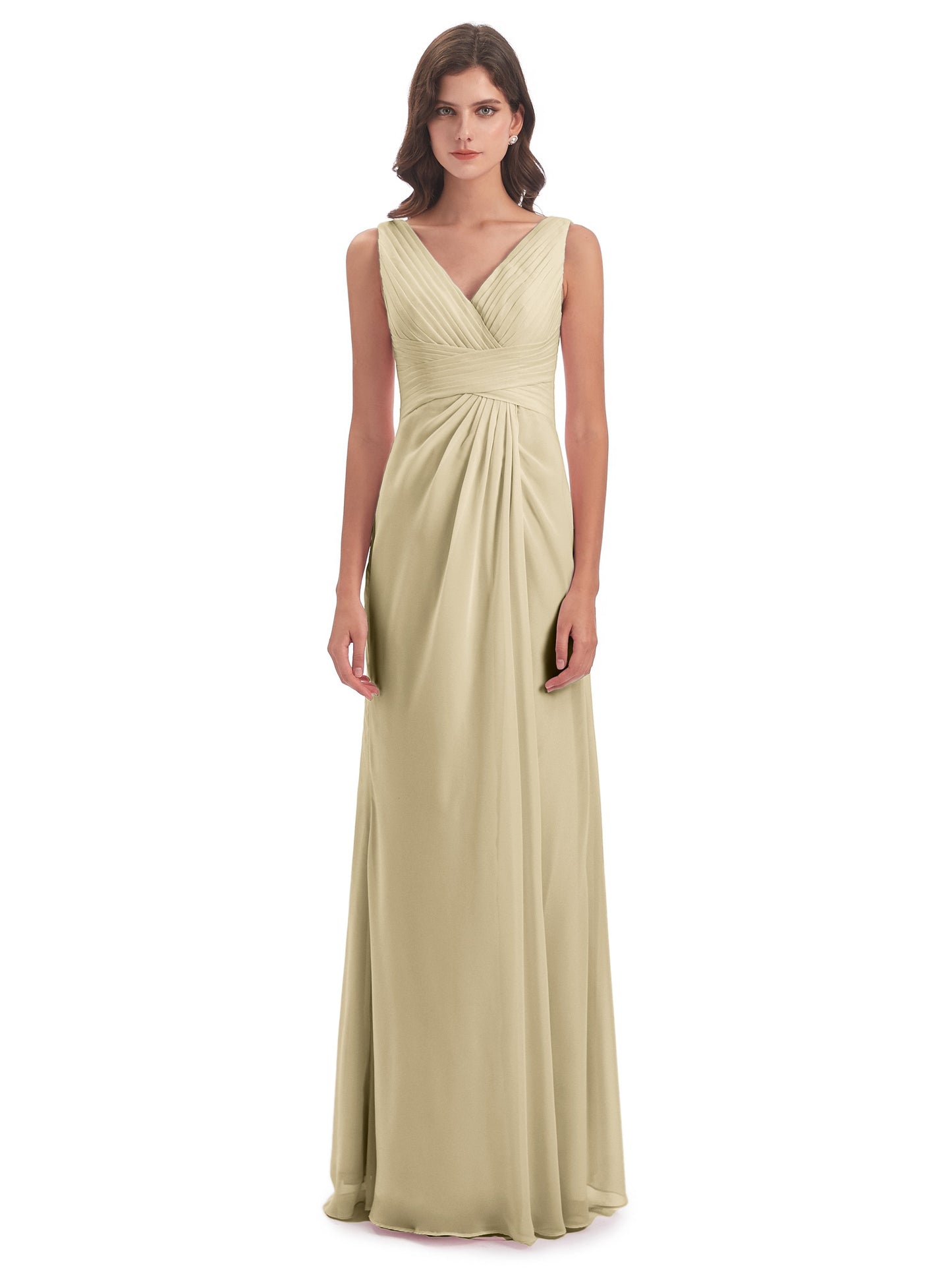 Sheath-Column Floor Length V Neck Chiffon Long Bridesmaid Dresses