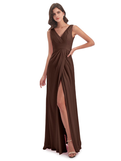 Sheath-Column Floor Length V Neck Chiffon Long Bridesmaid Dresses