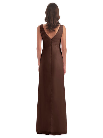 Sheath-Column Floor Length V Neck Chiffon Long Bridesmaid Dresses