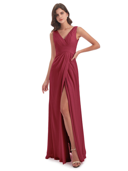 Sheath-Column Floor Length V Neck Chiffon Long Bridesmaid Dresses
