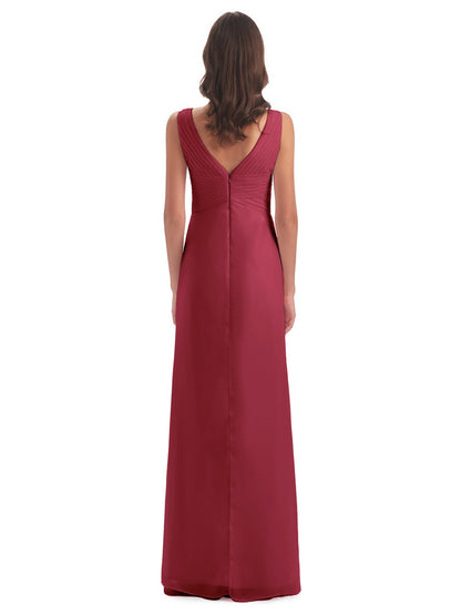 Sheath-Column Floor Length V Neck Chiffon Long Bridesmaid Dresses