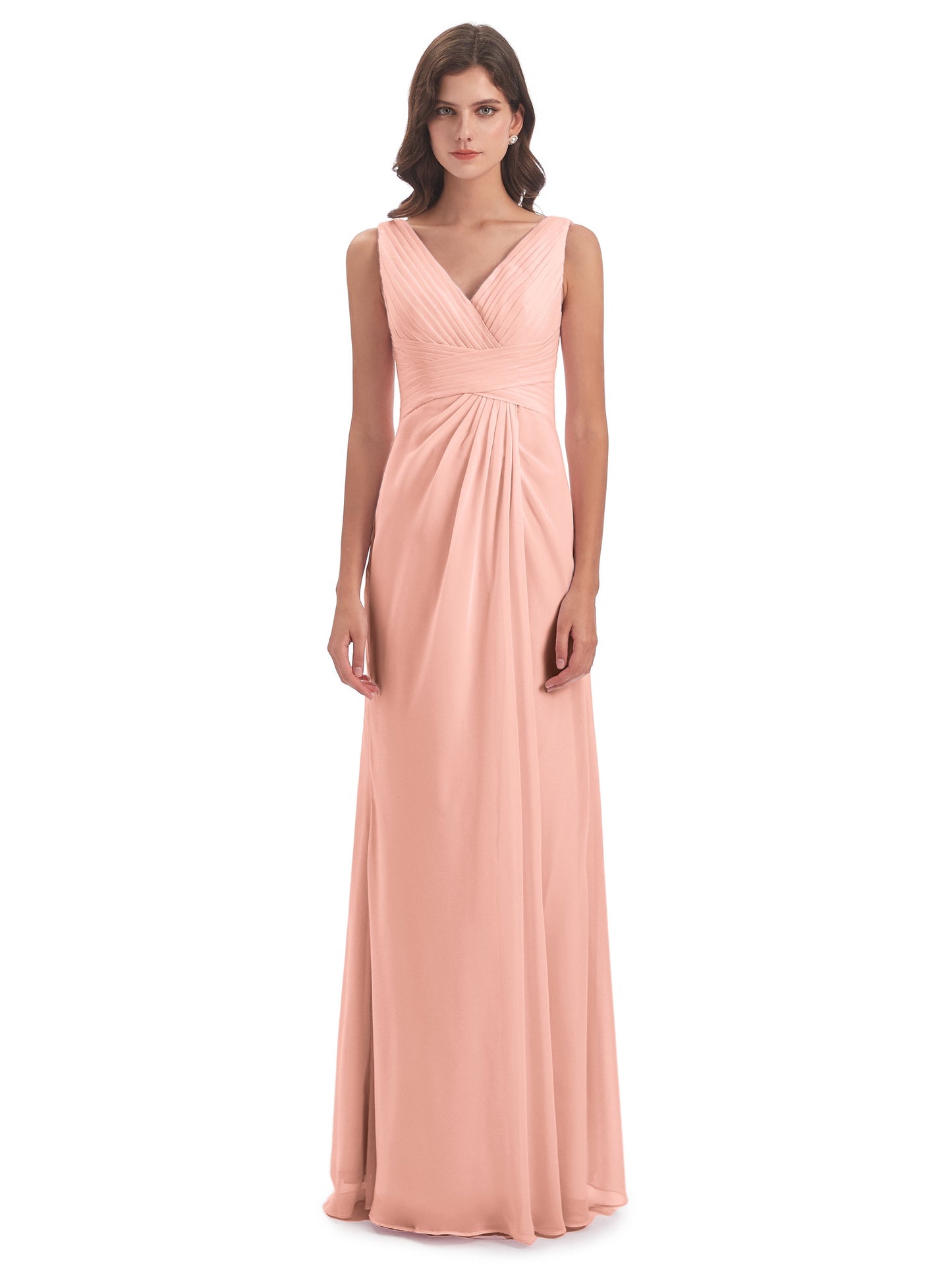 Sheath-Column Floor Length V Neck Chiffon Long Bridesmaid Dresses