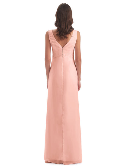 Sheath-Column Floor Length V Neck Chiffon Long Bridesmaid Dresses
