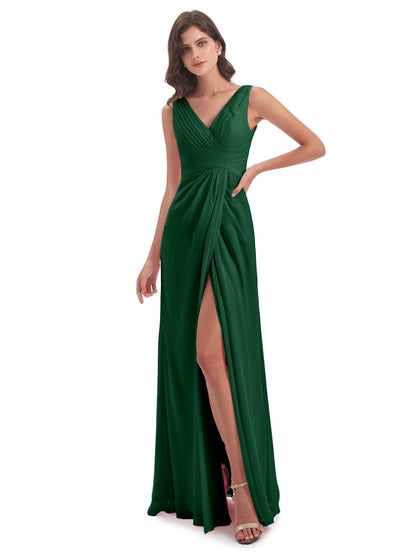 Sheath-Column Floor Length V Neck Chiffon Long Bridesmaid Dresses