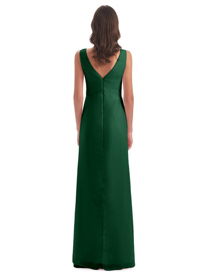 Sheath-Column Floor Length V Neck Chiffon Long Bridesmaid Dresses