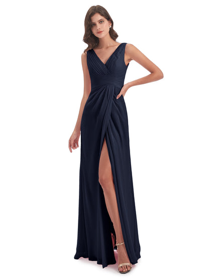 Sheath-Column Floor Length V Neck Chiffon Long Bridesmaid Dresses