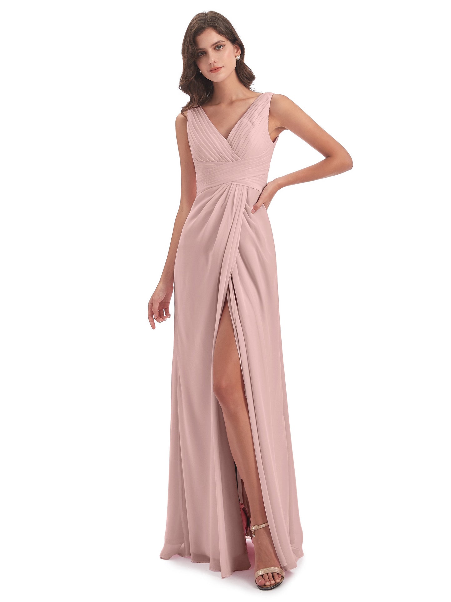 Sheath-Column Floor Length V Neck Chiffon Long Bridesmaid Dresses