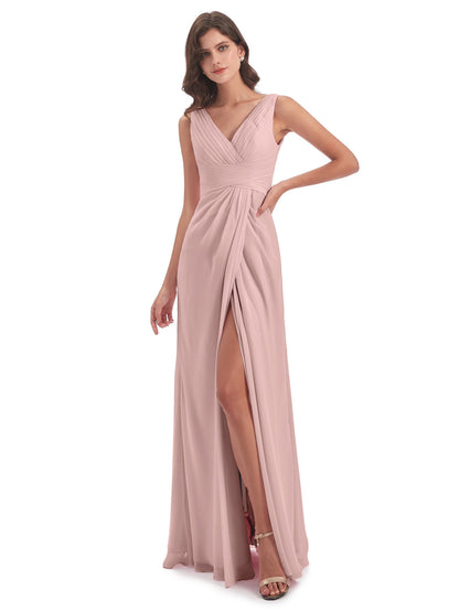 Sheath-Column Floor Length V Neck Chiffon Long Bridesmaid Dresses