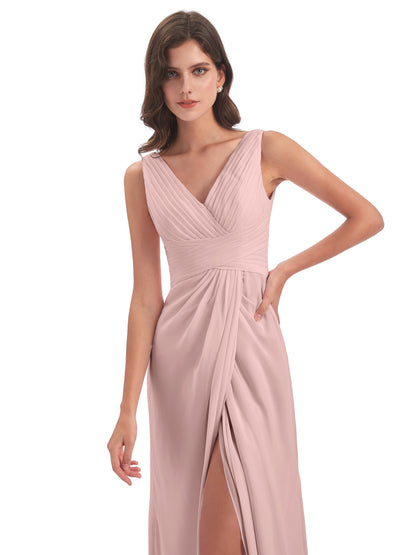 Sheath-Column Floor Length V Neck Chiffon Long Bridesmaid Dresses