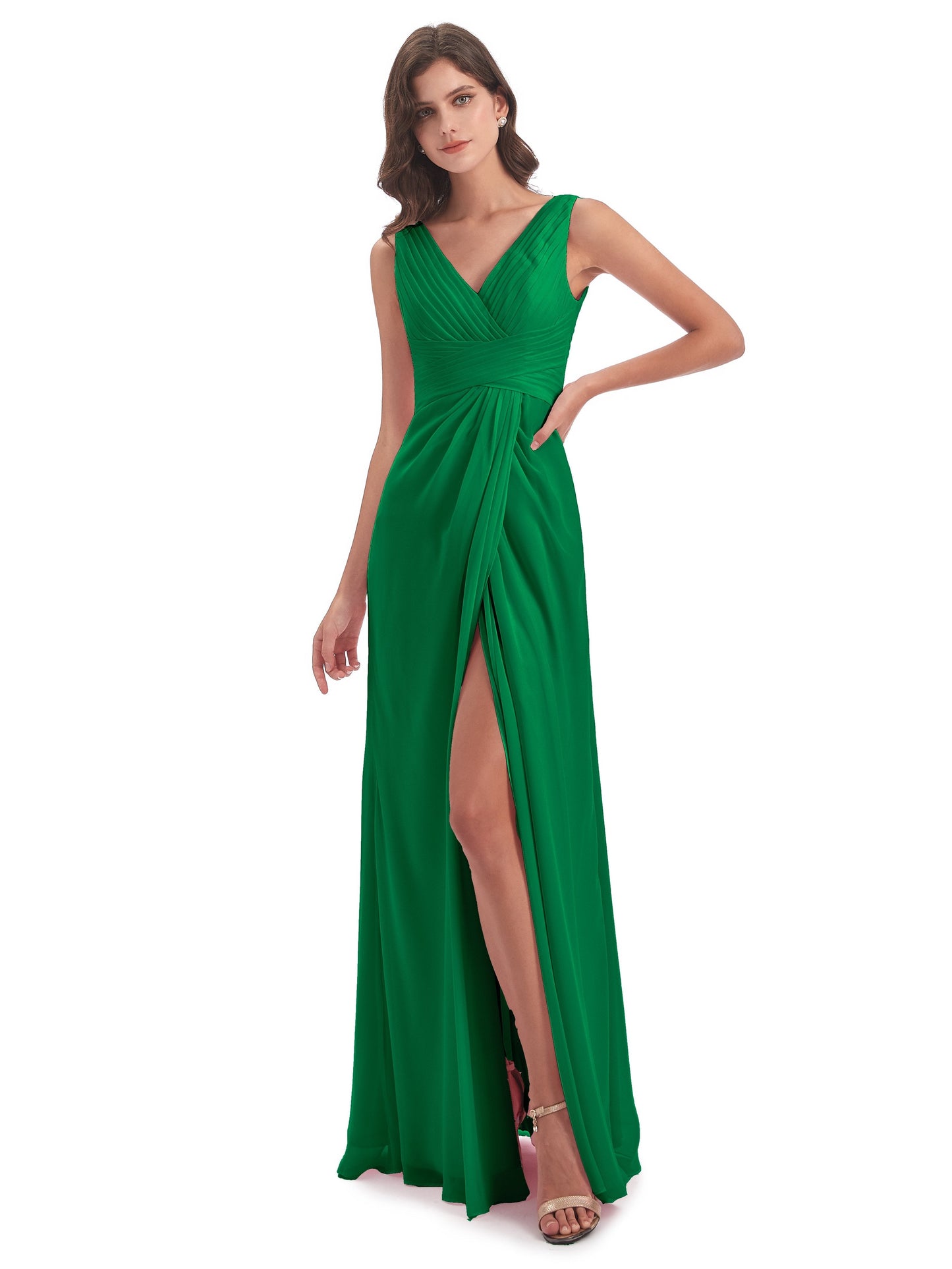 Sheath-Column Floor Length V Neck Chiffon Long Bridesmaid Dresses