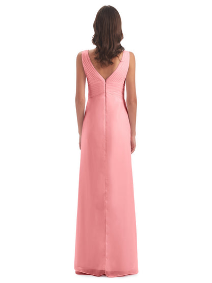 Sheath-Column Floor Length V Neck Chiffon Long Bridesmaid Dresses