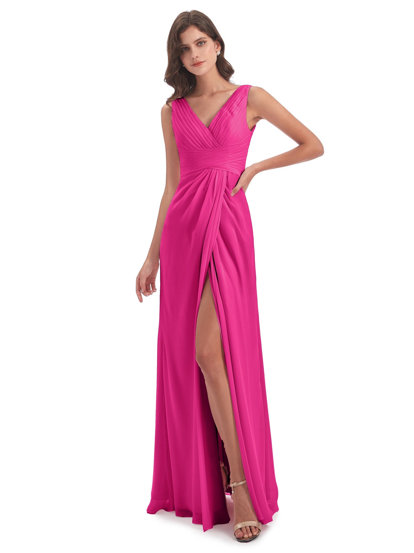 Sheath-Column Floor Length V Neck Chiffon Long Bridesmaid Dresses