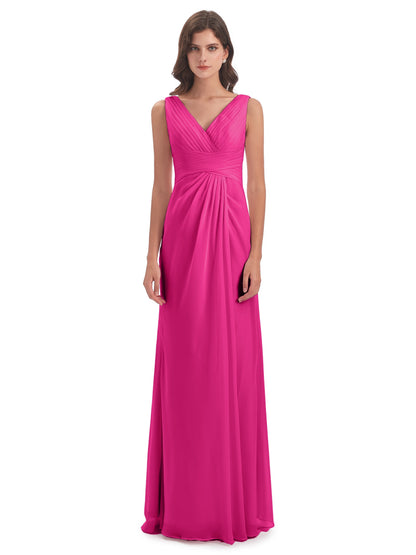 Sheath-Column Floor Length V Neck Chiffon Long Bridesmaid Dresses