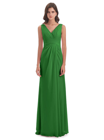 Sheath-Column Floor Length V Neck Chiffon Long Bridesmaid Dresses